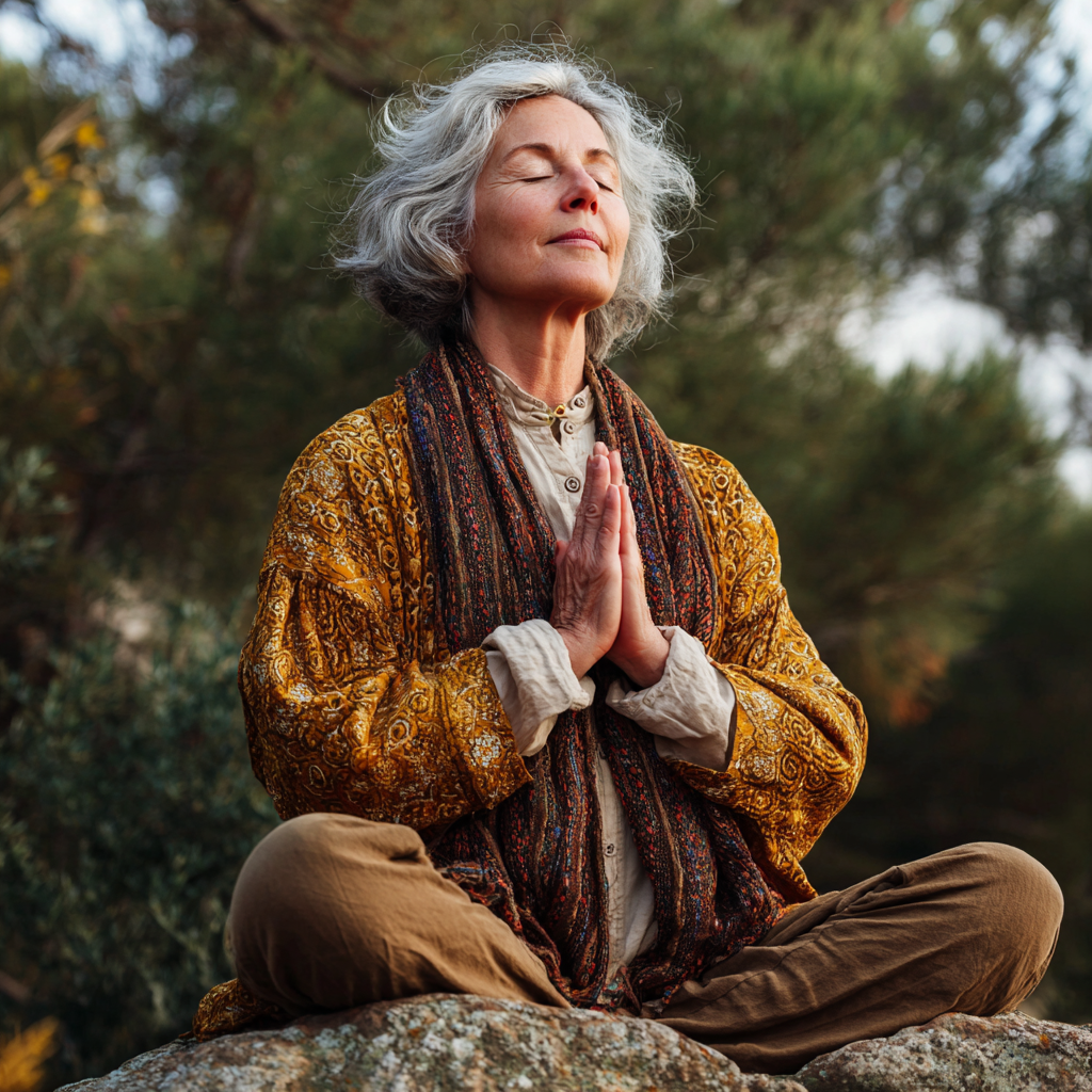 Mature adult practicing meditation pose in natural outdoor setting